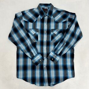 Plains Mens Size L Button Up Western Wear Shirt Blue Black‎ Plaid Pearl Snap